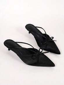 Black Satin Thin Strap Bow Pointed Toe Kitten Heel Mule Slippers Women's Low Heel Commuter All-Season Shoes - Black - View 1