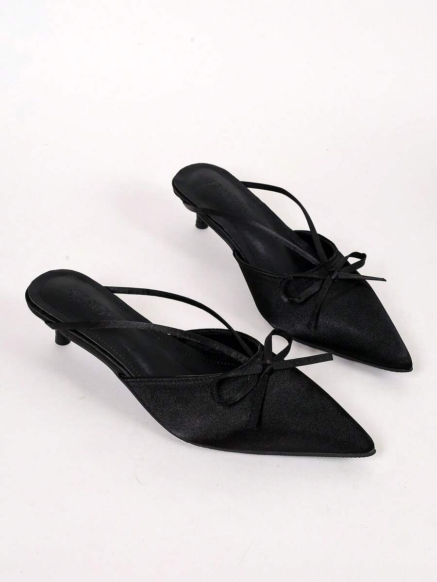 Black Satin Thin Strap Bow Pointed Toe Kitten Heel Mule Slippers Women's Low Heel Commuter All-Season Shoes - Black - View 1