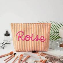Custom Seersucker Makeup Bag & Travel Pouch - Personalized Chenille Name Toiletry Bag & Summer Beach Tote - 7orange Rose Red - View 12
