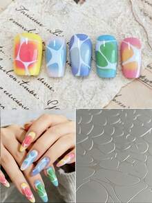 satki Placas de estampado de arte de uñas con cuadros, rayas, textura ondulada, letras en inglés, líneas geométricas de estilo francés, plantillas de transferencia profesionales para artistas de uñas, herramientas de arte de uñas - Multicolor - Ver 8