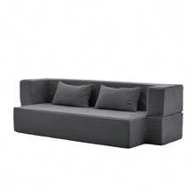2-In-1 Convertible Sofa Bed In Corduroy, Modular Floor Sofa, No Assembly Required, Unfolding Sofa Bed With 2 Cushions - 灰色 - 查看 9