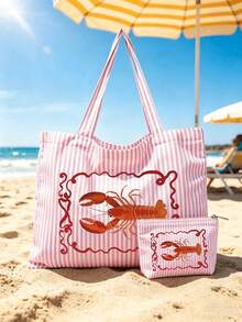 Casual Striped Canvas Tote Bag, Fun Lobster Print, Large Capacity Summer Beach Shoulder Bag, With Small Makeup Bag, Women's Casual Travel Shopping Handbag, Zipper Coin Purse, Daily Casual Handbag, Suitable For Beach, Travel, Camping, School, Outdoor Activities, Daily Life, Unique Birthday Gift, Holiday Gift, Party Gift, Vacation Gift, Back To School Gift - Multicolor - View 3