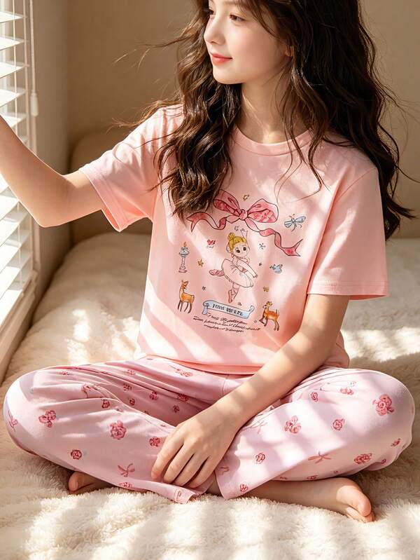 2pcs Cute Cartoon Girl & Butterfly Pattern Short Sleeve Pajama Set, Pink Top Paired With Loose Comfortable Butterfly Print Pants, Suitable For Spring/Summer Loungewear, Movie Nights, Pajama Parties And Casual Evenings. Soft And Lightweight Fabric