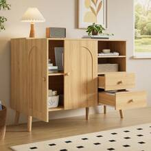 Minimalist-Style Locker/ Storage Cabinet With 2 Drawers And 2 Open Compartments/ Wooden Handles And Feet / Versatile Storage Options / Suitable For Living Room, Dining Room And Hallway - 淺木色 - 查看 6
