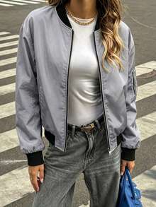 Jaket Ringan Wanita Kasual Musim Semi/Gugur dengan Kerah Baseball dan Resleting - Light Grey - View 10