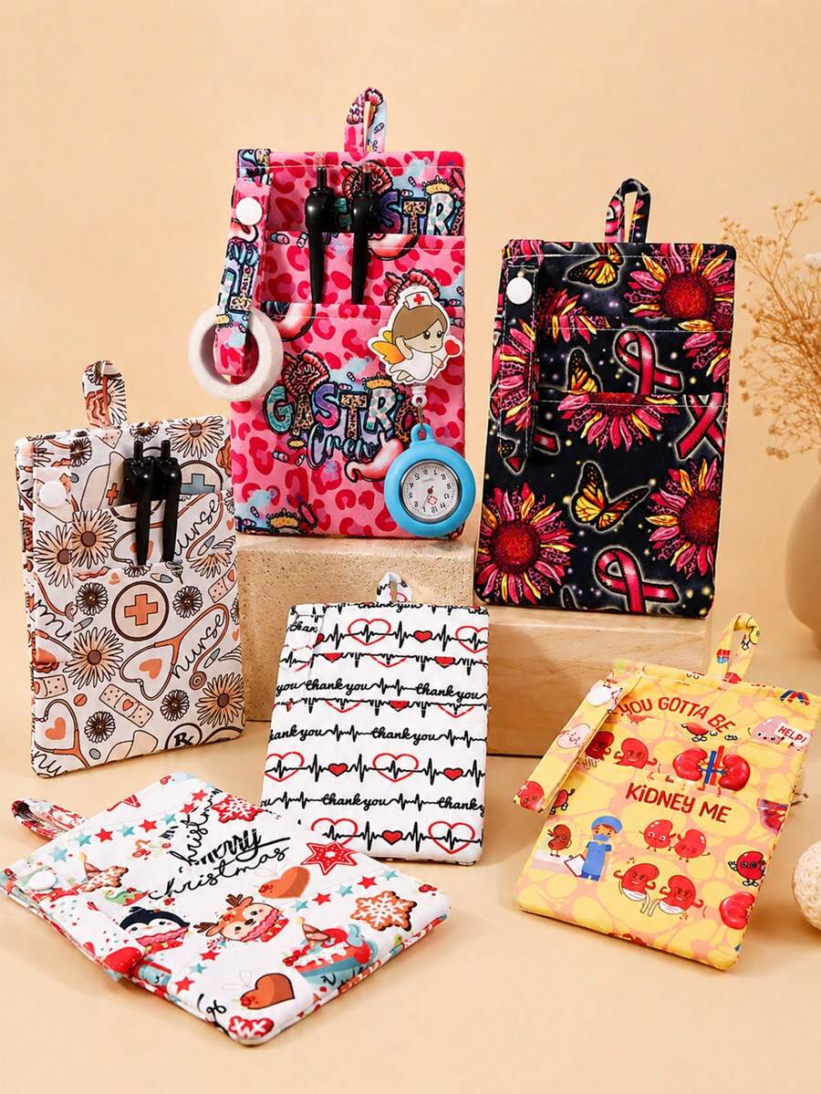 1pc Polyester 3-Layer Cartoon Print Pen Pouch With Pen Holder, Nurse Stationery Storage Bag, All Seasons,Bedroom Room Decor,Back To School