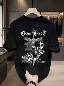T-shirt imprimé pour hommes - Motifs gothiques "Paix Éternelle" et "Beauté des Roses", classique haut d'été noir à manches courtes, respirant et confortable. - [Noir] - Voir 1