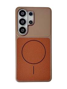 Funda trasera protectora de lujo con patrón de lichi en cuero sintético con electrochapado, carga inalámbrica magnética compatible con Samsung Galaxy S26 S25 S24 Ultra Plus - Marrón - Ver 3