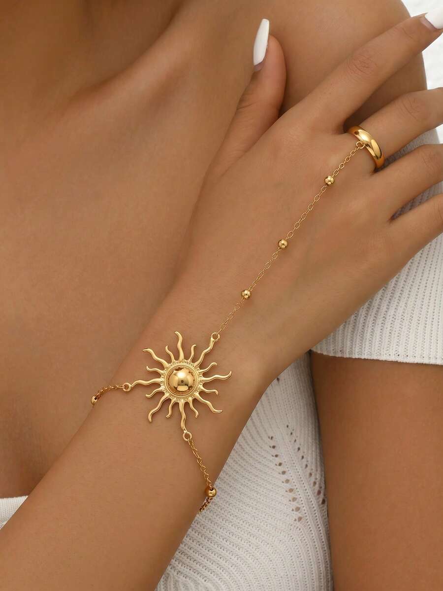 1pc Minimalist Elegant Women's Finger Bracelet, Vintage Creative Personalized Metal Sun Design Bracelet, Daily Street Style Party Versatile Accessory (Handmade Ball Chain, Random Quantity, Asymmetrical Random Cut) - Golden - View 1