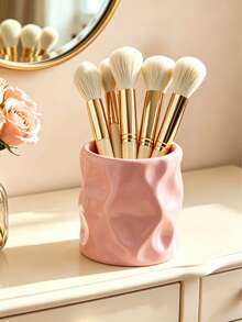 1pc Pink Asymmetrical Jar-Shaped Resin Makeup Brush Holder, Asymmetric Embossed Surface, Multi-Functional Desktop Decor, Mini Vase And Storage Box, Suitable For Living Room, Bedroom And Office (Pink), Also A Great Gift For Female Friends - A - View 5