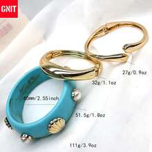 GNIT Gelang Wanita Resin Bertatahkan Mutiara dan Emas, Set Gelang Terbuka Tebal 3pcs/1pc yang Dapat Ditumpuk, Perhiasan Personalisasi Gaya Vintage Pesisir - Biru langit. Emas. Emas - View 7