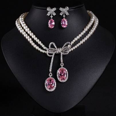 3pcs/1 Set Women's Fashion Jewelry Set, Pearl Necklace, Earrings, Jewelry Set, Bridal/Wedding/Necklace Set, Beaded Necklace, Bow Shape, Luxury/Women's Fashion | Gift