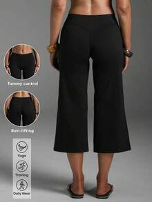 High Waist Wide Leg Capri Pants, Casual Pure Black Loose Capri Pants, Comfortable Slimming And Versatile Sports - Black - View 2