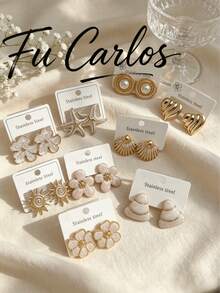 Juego de 24 piezas de pendientes de acero inoxidable blanco, pendientes asimétricos con diseños geométricos de flores y corazones para mujeres, joyería de moda para vacaciones de verano en la playa - Multicolor - Ver 3