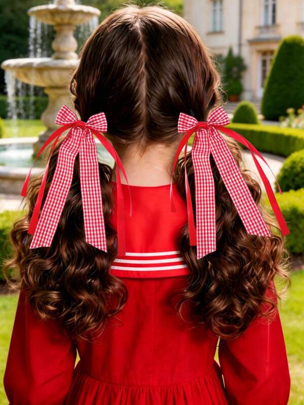 2pcs Girls Multi-Color Bow Plaid Hair Scrunchies, Versatile Preppy Style Dual-Tone Plaid Ribbon Bow Hair Ties