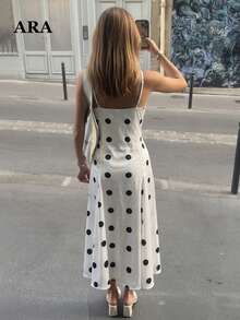 ARA CHIC 女款復古波點緞面細肩帶低背傘擺中長洋裝，休閒通勤辦公穿搭 - 白色 - 查看 3