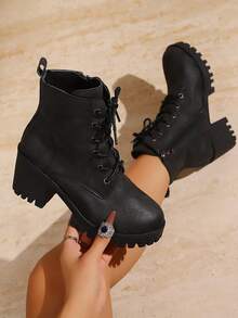 European And American Minimalist Fashion Autumn/Winter New Western High Heel Ankle Boots, Metal Belt, Rhinestone Buckle Decoration, Chunky Heel, Thick Sole, Boots, Multiple Color Options, Simple Versatile Fashion Design Naked Boots, Motorcycle Boots, Riding Boots, Black - Black - View 3