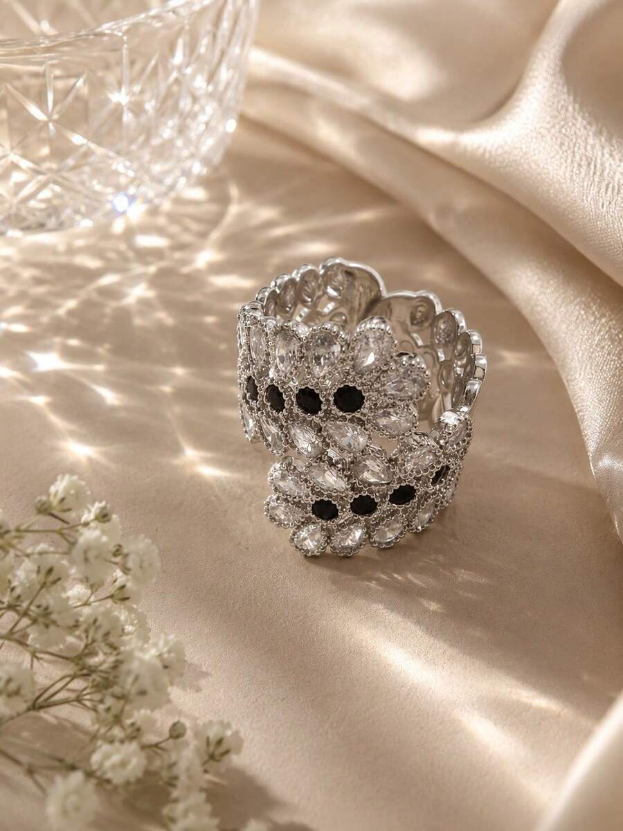 1pc French Style Light Feather Layered Zirconia Inlaid Open Ring For Women, Feather Streamline Wide Band Design, Elegant Ring For Party & Dress Matching - Open Ring - View 1
