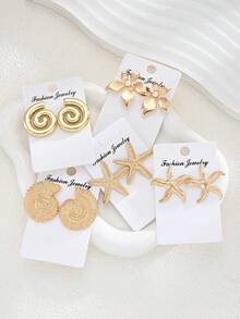 Juego de 2/10 piezas de pendientes de botón dorados con diseño minimalista elegante de flor, estrella de mar y concha para mujer, versátiles para uso diario, verano, playa, vacaciones, citas, fiestas, días festivos y regalo de cumpleaños - Amarillo Oro - Ver 2