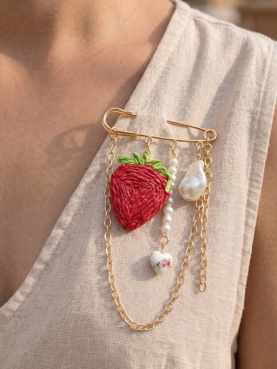 1 pieza Broche de fresa de rafia elegante y lindo con colgante de corazón de cerámica de perla falsa y borla, alfiler multiusos para sombrero, pantalones, puño, zapatos, mochila y talla grande - Multicolor - Ver 1