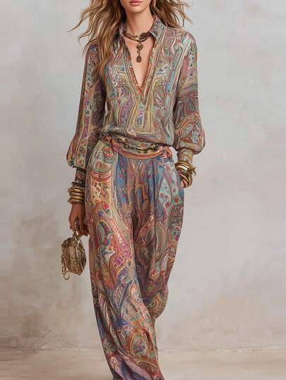Conjunto Trendy de Verano, Estilo Elegante con Cuello en V y Pantalón Ancho
