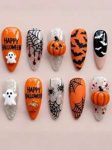 10pcs Halloween Medium Almond Shape Press-On Nails, 3D Pumpkin Black Spider Web Bat Print French Tips, Suitable For Girls And Women Daily Wear, Holiday Party And Gift - Orange - View 1
