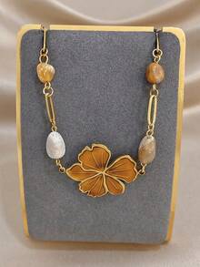 1Pc/Set Luxury Enamel Flower Clover Charm Necklace Bracelet With Naturally Stone Beads For Women,Gold Jewelry/Daily/Boho /Party/Y2K,Valentine/Vacation - Multicolor - View 10