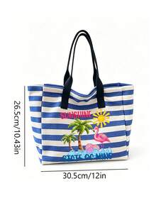 Large Capacity Blue & White Striped Beach Tote Bag, Summer Theme "SUNSHINE" Print, Foldable Canvas Shoulder Bag, Waterproof & Sandproof Travel Bag, Suitable For Summer Essentials, Perfect For Beach Trips, Swimming, Shopping And Daily Use, Ideal For Women, Travelers And Beach Lovers, Great For Spring Break, Easter, Vacation And Gifts, Can Be Used As Beach Bag, Shopping Bag And Travel Companion, Back To School Gift - Multicolor - View 11