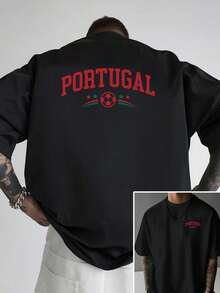 Women's White T-Shirt, ZaraTee Portugal Double Print, Loose Fit With Dropped Shoulders, Washable Round Neck, Sporty And Casual Outfit For Football Fan - Black - View 8