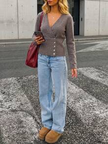 Vivid Style Women's Fall/Winter Basic Knit Sweater, V-Neck Asymmetric Button Long Sleeve Top,Work Tops - Camel - View 2