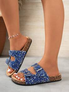 Women's Rhinestone Cork Platform Double Buckle Slides - Blue - View 6