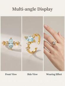 1pc 925 Sterling Silver Women's Aquamarine Ring, Adjustable Size,Elegant Designed Earrings, Suitable For Daily Wear, Holidays,Anniversaries And Gifts - Gold - View 5