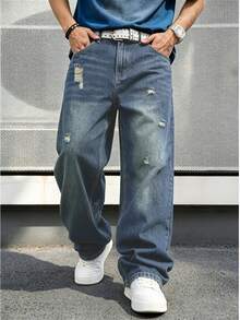 Men's Y2K Vintage Mid-Blue Distressed Ripped Loose Wide Leg Denim Jeans, Oversized Skateboard Streetwear Style - Medium Wash - View 1