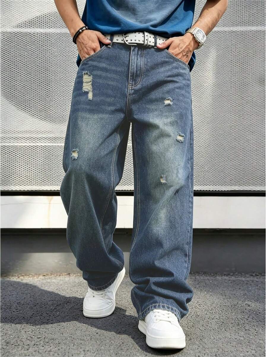 Men's Y2K Vintage Mid-Blue Distressed Ripped Loose Wide Leg Denim Jeans, Oversized Skateboard Streetwear Style - Medium Wash - View 1