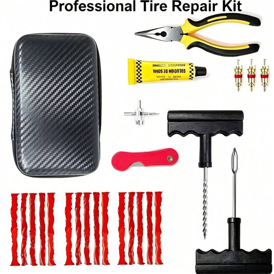 Kit Alat Perbaikan Ban Mobil, Termasuk Strip Karet, Tambal Ban Tubeless, Cocok untuk Perbaikan Ban Radial Sepeda Motor dan Truk