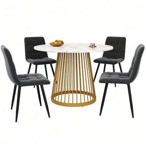 Dining Table Set (5-Piece), Dining Table Set With 4 Chairs, Modern Kitchen Table Set, Round Kitchen Table With 80 Cm Diameter And Gold Metal Legs, White MDF Tabletop, Dark Grey Velvet Dining Chairs - 彩色 - 查看 1