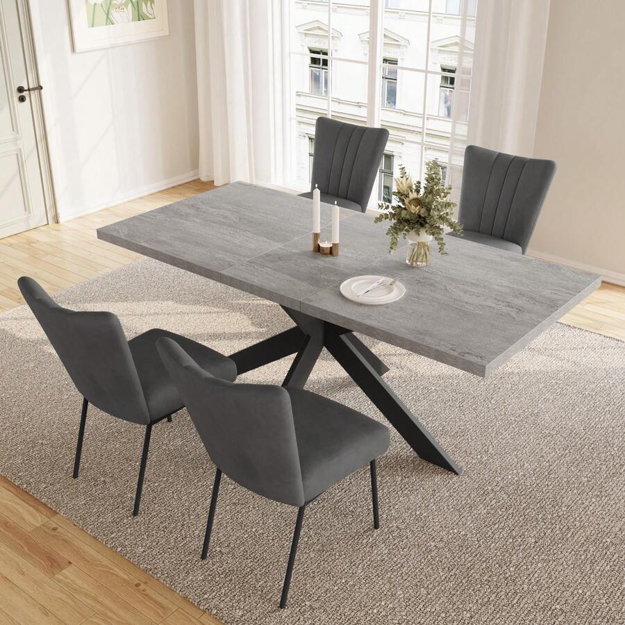jiexi Modern Extendable Dining Table And Chairs Set, 130-170cm Rectangular Kitchen Table With Cross Metal Legs, Grey MDF Dining Room Table, Load 150kg For Living Room, Office - Light Grey - View 1
