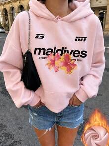 1 buah Sweatshirt Wanita Motif Bunga Tropis & Huruf dengan Tali Serut, Sweatshirt Pullover Hangat Gaya Kasual Y2K untuk Musim Gugur - Baby Pink - View 5