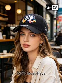 New Era Brooklyn Nets 花卉刺繡棒球帽，黑色寬鬆可調節  運動老爹帽，適合街頭休閒戶外防曬 - 黑色 - 查看 3