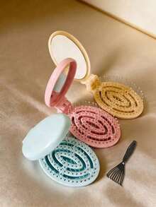 2-In-1 Foldable Mirror Scalp Massage Comb, Mini Lightweight Pocket Hairbrush, Portable Foldable Hairbrush, Suitable For Travel, Outdoor, Sports, Office, School And Daily Care, Practical Beauty Accessory And Graduation Gift, Fashionable Minimalist Macaron Folding Comb, Women's Detangling Massage Comb, Portable Makeup Round Mirror Integrated Comb - Multicolor - View 6