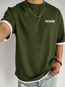 Men's Vintage Patchwork Pattern T-Shirt With Abstract Print, Suitable For Daily Wear - Army Green - View 3