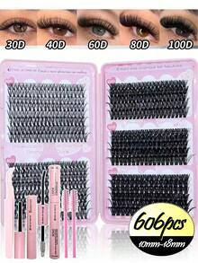 MENGJIESHANGPIN 606pcs Paket Campuran Buku Bulu Mata Palsu Kapasitas Besar 30D+40D+60D+80D+100D Tebal Realistis Panjang 10-18mm Lembut dan Mengembang Dilengkapi Lem, Pinset, dan Larutan Penghapus - Hitam - View 10