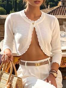 New Arrival Fall Women's White Cropped Knit Cardigan, Casual Boho Style With Elegant Wavy Hem Design - White - View 1
