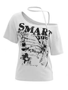 Retro American Bowknot Print Short Sleeve T-Shirt, Casual Loose Fit Summer Top For Women White - White - View 6