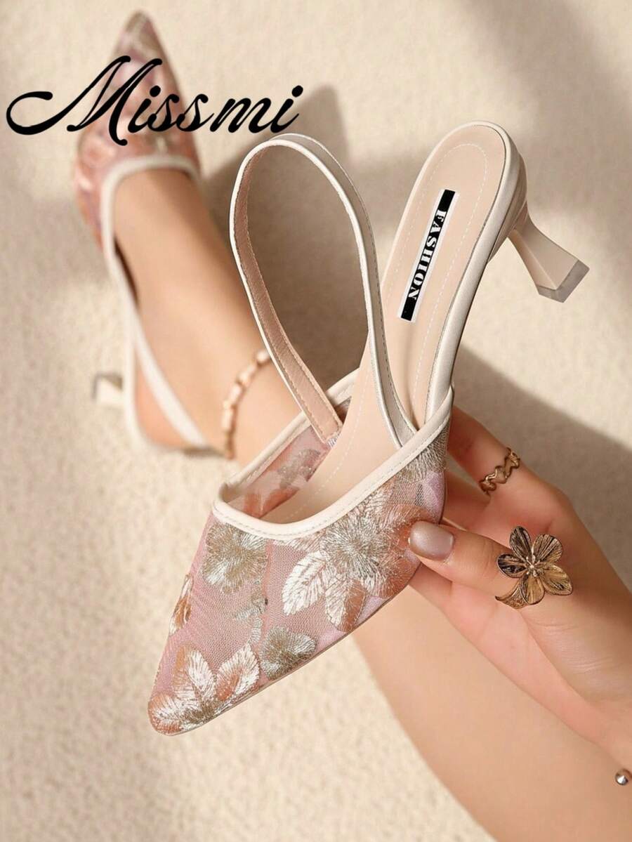 New Chinese Style White High Heel Mules, Pointed Toe Lace Embroidery Slip-On Sandals For Women,Summer Outfits