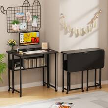 Folding Table With Wheels - Home Office Desk - 80x58x75cm - Folding Computer Desk With Bookshelf - Portable Mobile Workstation - Suitable For Small Spaces - Black - View 3