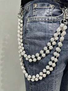 1pc Fashion Street Hip Hop Pants Chain Clay Rhinestone Ball Waist Chain Handmade Body Chain, Unisex - Multicolor - View 7