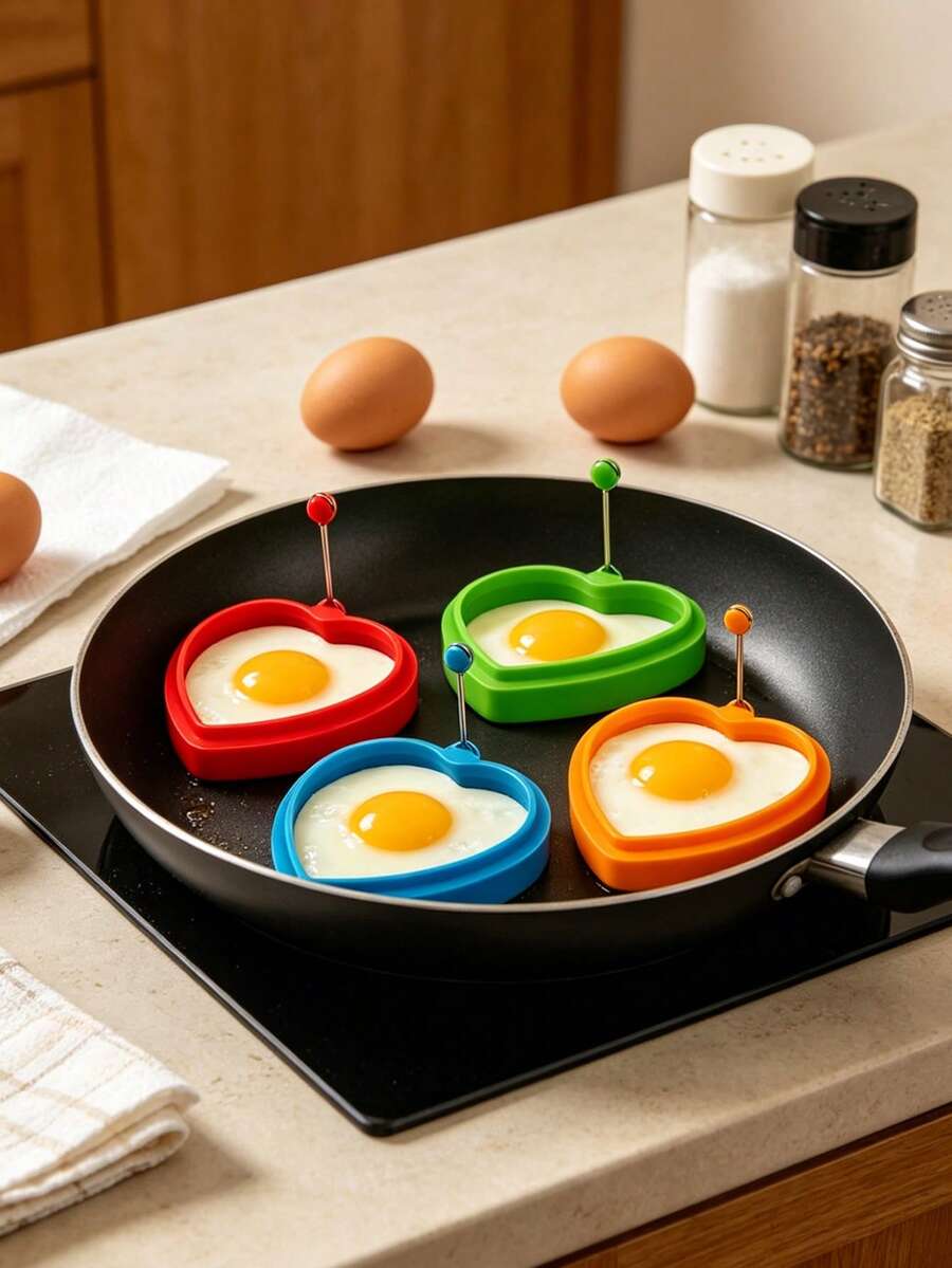 Bộ 4 khuôn trứng silicon hình trái tim, chống dính, có thể tái sử dụng, dụng cụ nấu ăn chịu nhiệt cho bữa sáng, thích hợp làm bánh kếp, trứng ốp la và bánh mì kẹp, dễ vệ sinh (Đỏ/Cam/Xanh lá cây/Xanh dương)