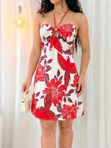 Romantic Blue And White Floral Short Dress With Halter Neckline For Vacation Fashion Gringa Spring And Summer - 查看 1