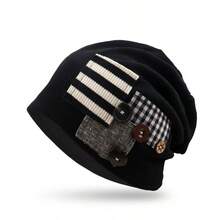 1pc Women's Vintage Patchwork Plaid & Striped Applique Loose Knit Hat, Button Decor, Soft Elastic Loose Fit Headscarf, Rock/Street/Fashion/Casual Hat - Multicolor - View 9